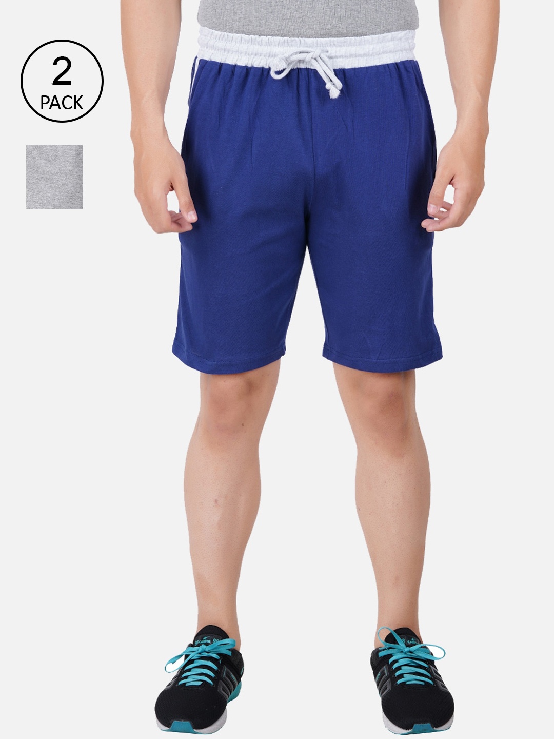 

PRIDE APPAREL Men Pack Of 2 Blue & Grey Pure Cotton Shorts