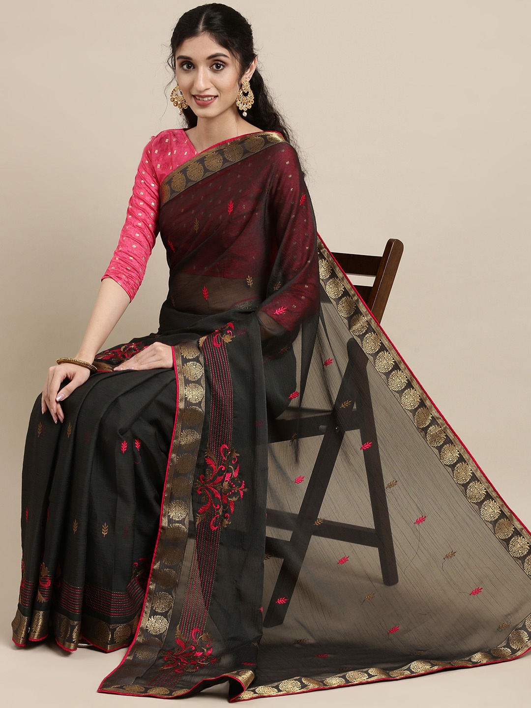 

Shaily Grey & Red Ethnic Motifs Embroidered Saree