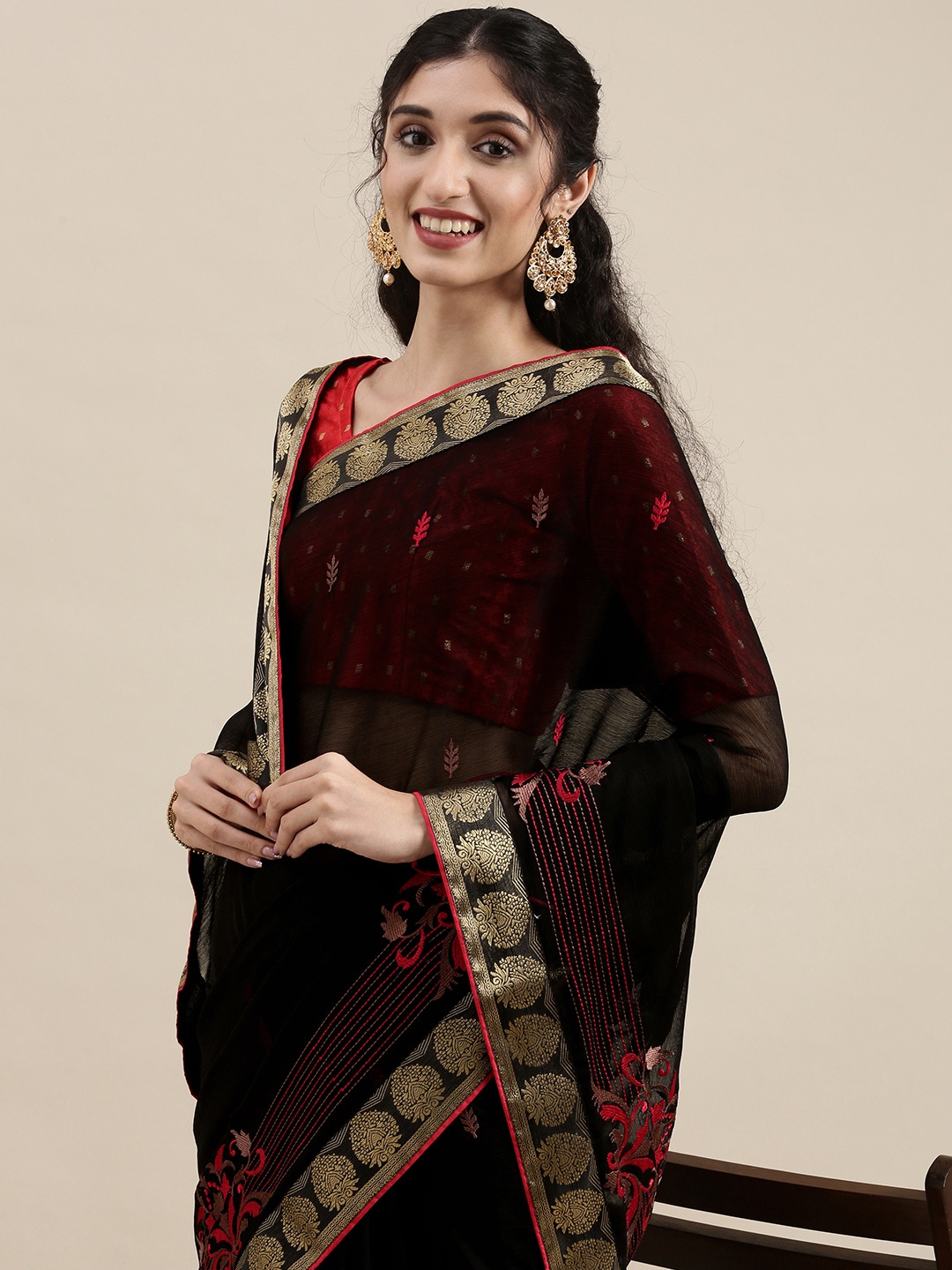 

Shaily Black Ethnic Motifs Zari Saree