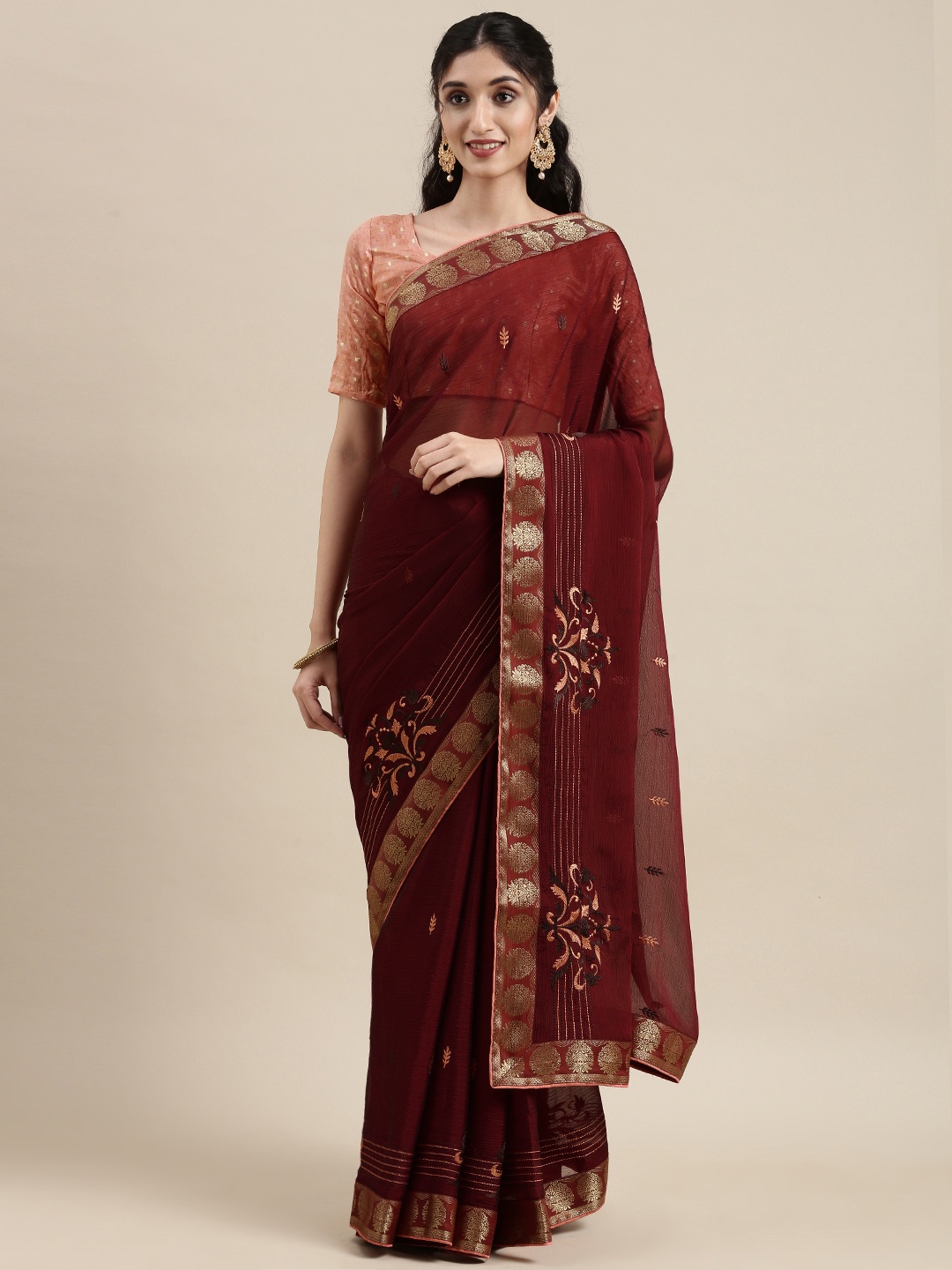 

Shaily Maroon Ethnic Motifs Zari Saree