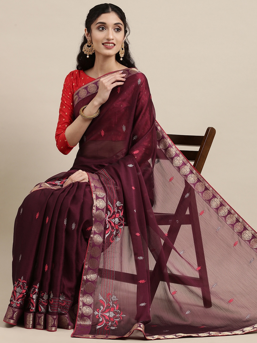 

Shaily Purple & Red Ethnic Motifs Embroidered Saree