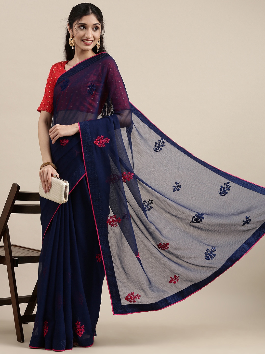 

Shaily Navy Blue Ethnic Motifs Embroidered Saree