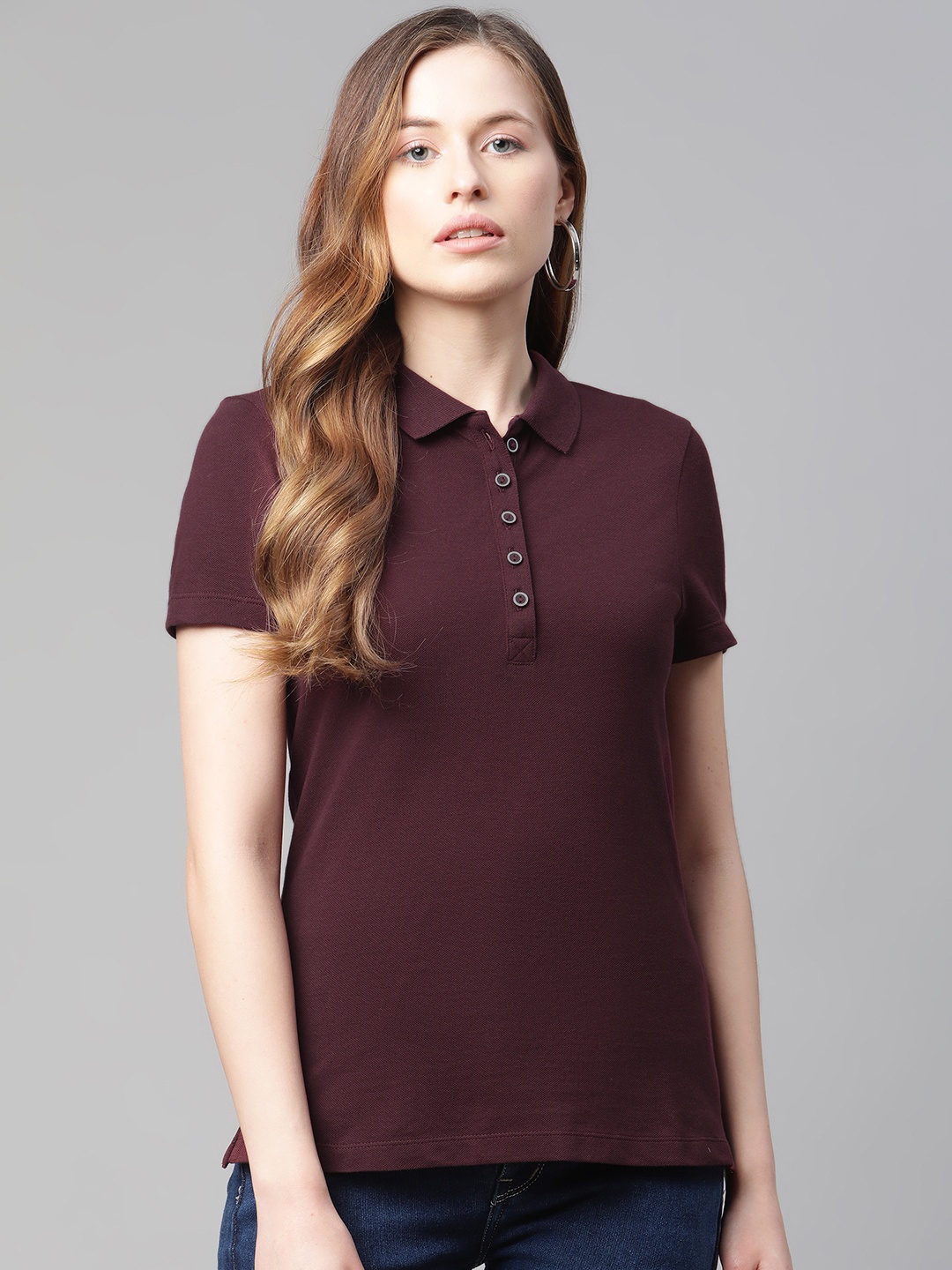 

Marks & Spencer Women Burgundy Solid Pure Cotton Polo Collar T-shirt