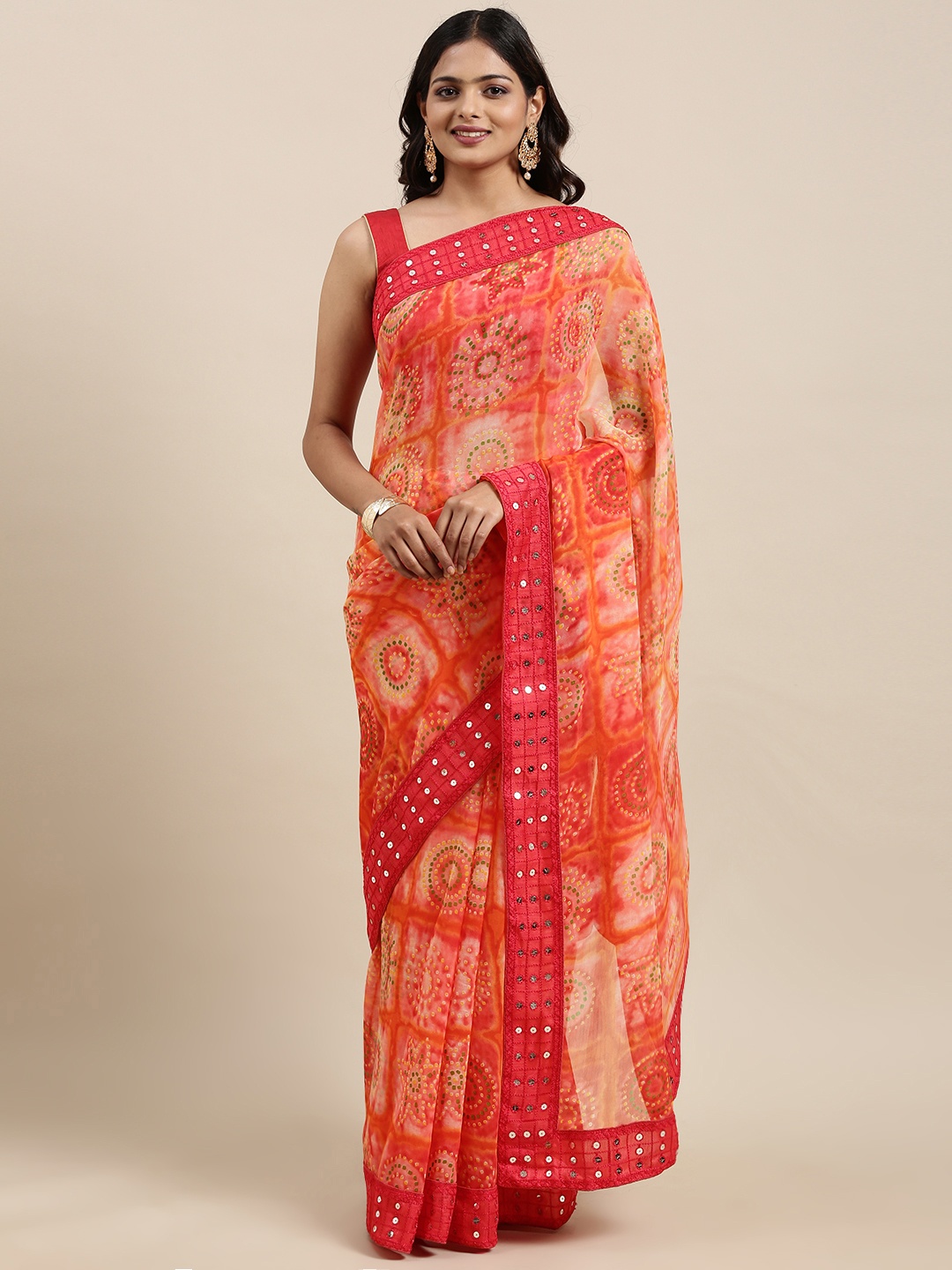 

Mitera Red Bandhani Mirror Work Bandhani Saree