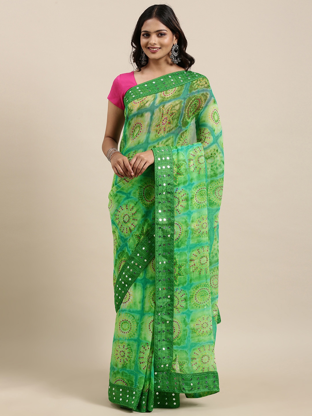 

Mitera Green Bandhani Mirror Work Bandhani Saree