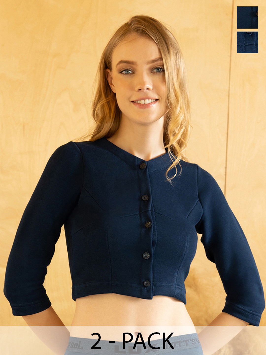 

Lux Cottswool Woman Pack Of 2 Blue Slim-Fit Cotton Thermal Top, Navy blue