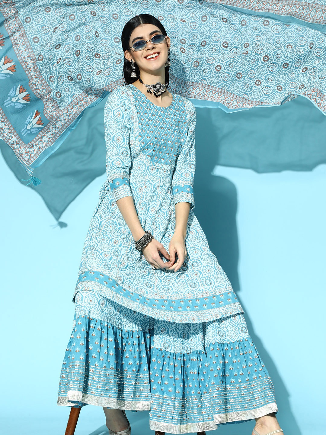 

Ishin Blue Pure Cotton Short Kurti with Sharara