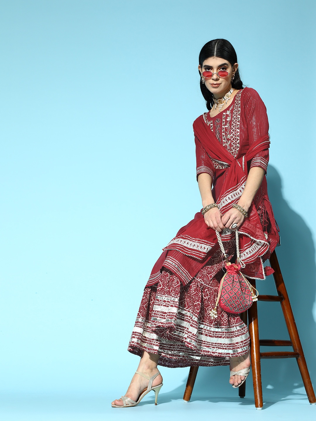 

Ishin Maroon Pure Cotton Short Kurti with Sharara
