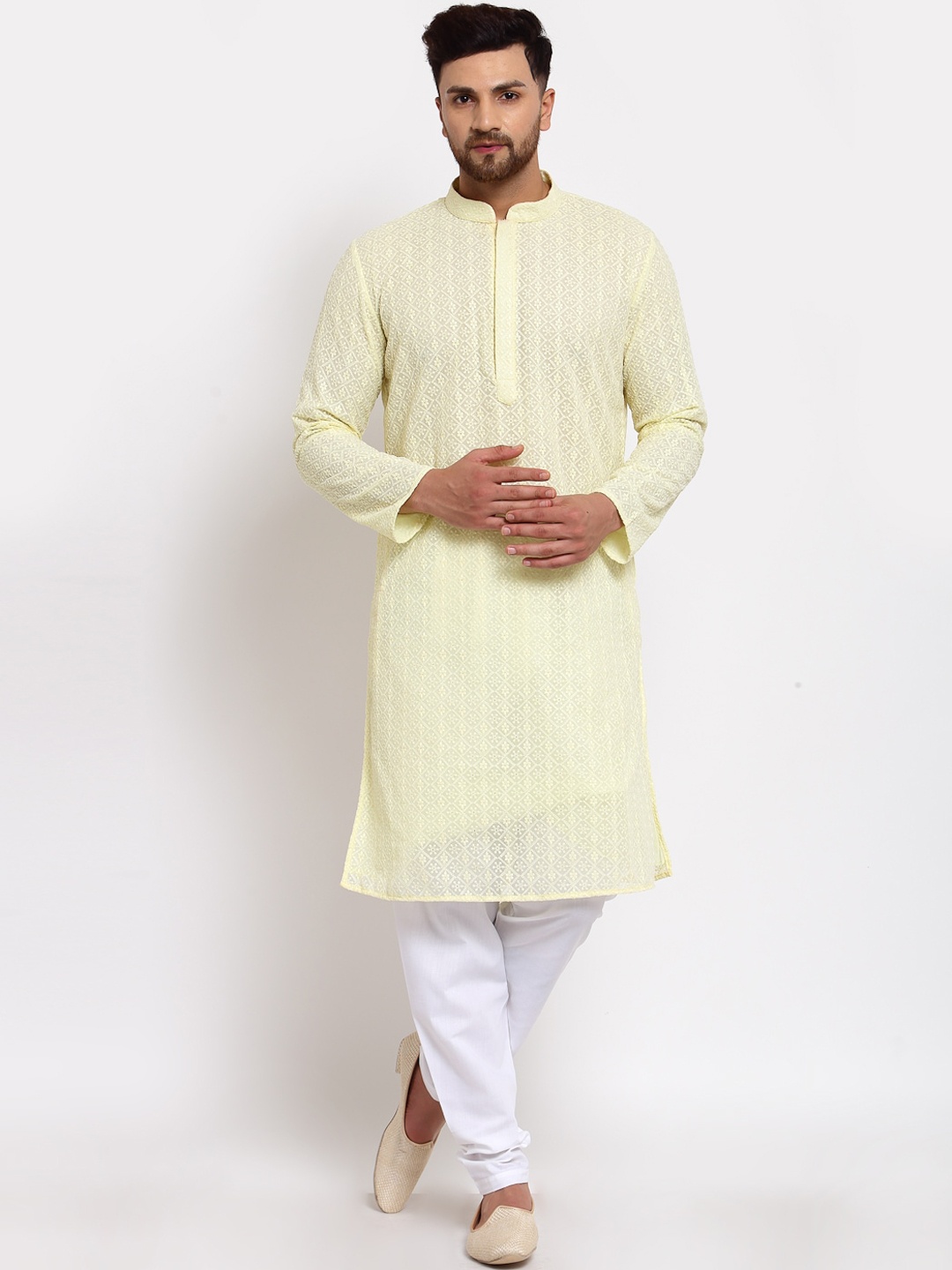 

MOHANLAL SONS Men Yellow Striped Regular Silk Georgette Kurta With Pyjamas