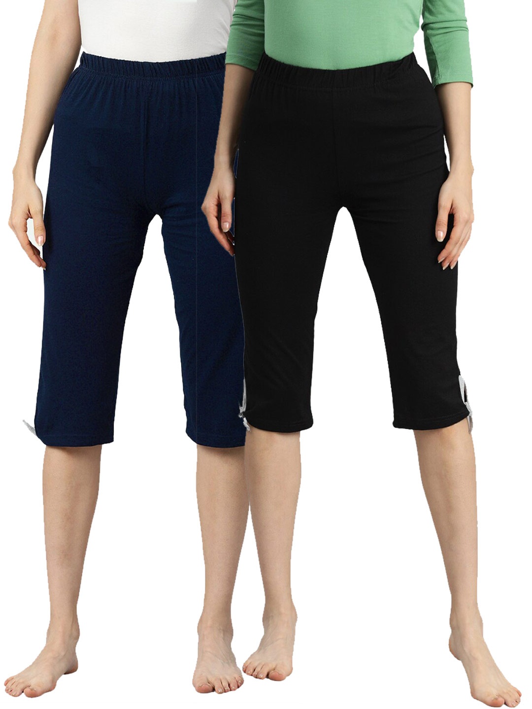 

NOT YET by us Women Pack Of 2 Navy Blue & Black Solid Pure Cotton Capris