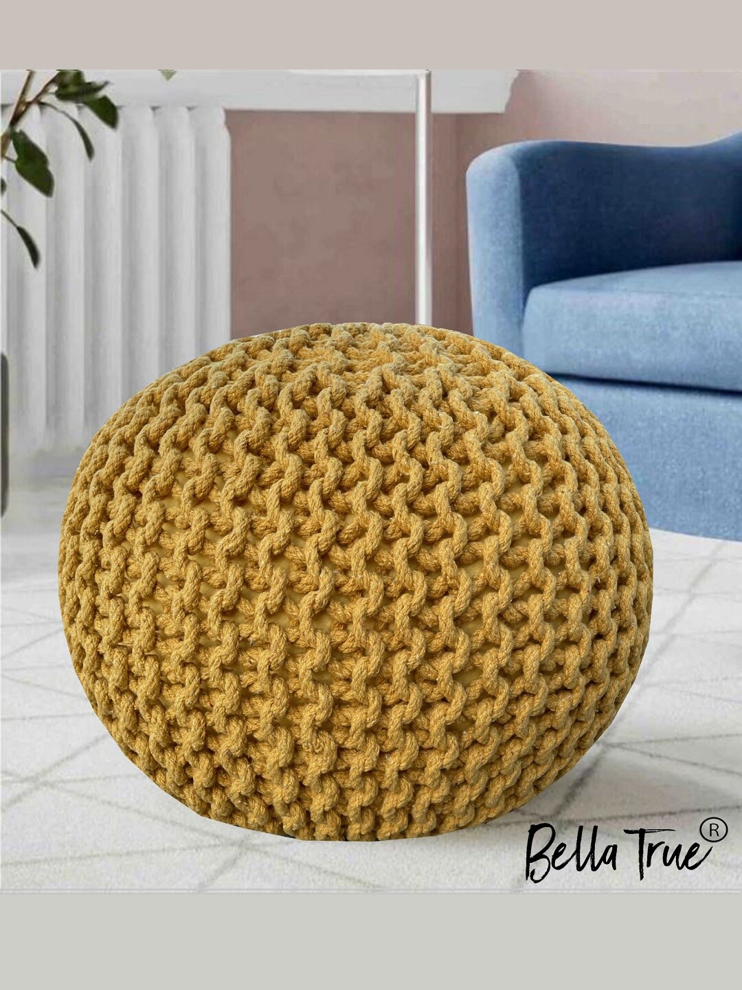 BELLA TRUE Yellow Textured Round Cotton Pouffes