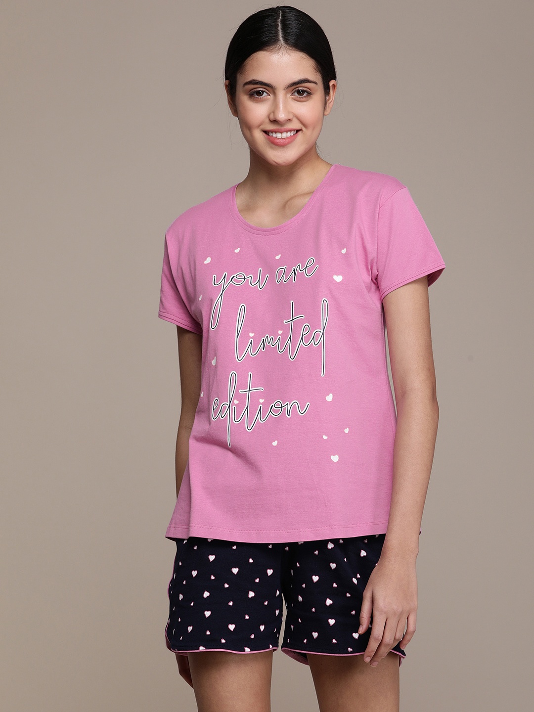 

beebelle Women Pink & Navy Blue Printed Night suit