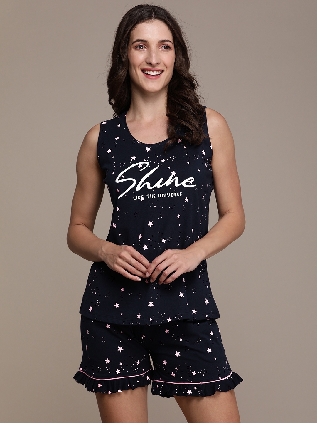 

beebelle Women Navy Blue Pure Cotton Printed Night suit