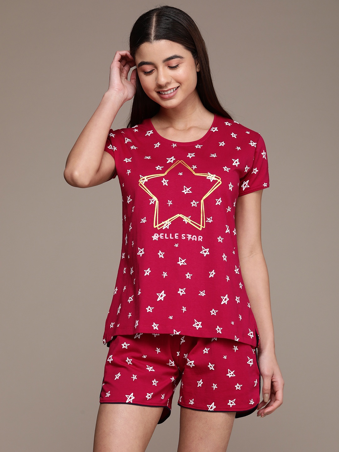 

beebelle Women Maroon & White Printed Night suit