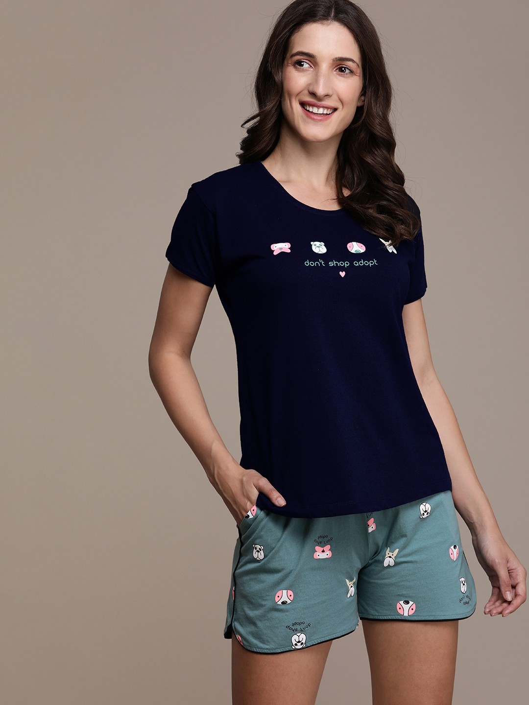 

beebelle Women Navy Blue & Teal Conversational Printed Pure Cotton Night suit