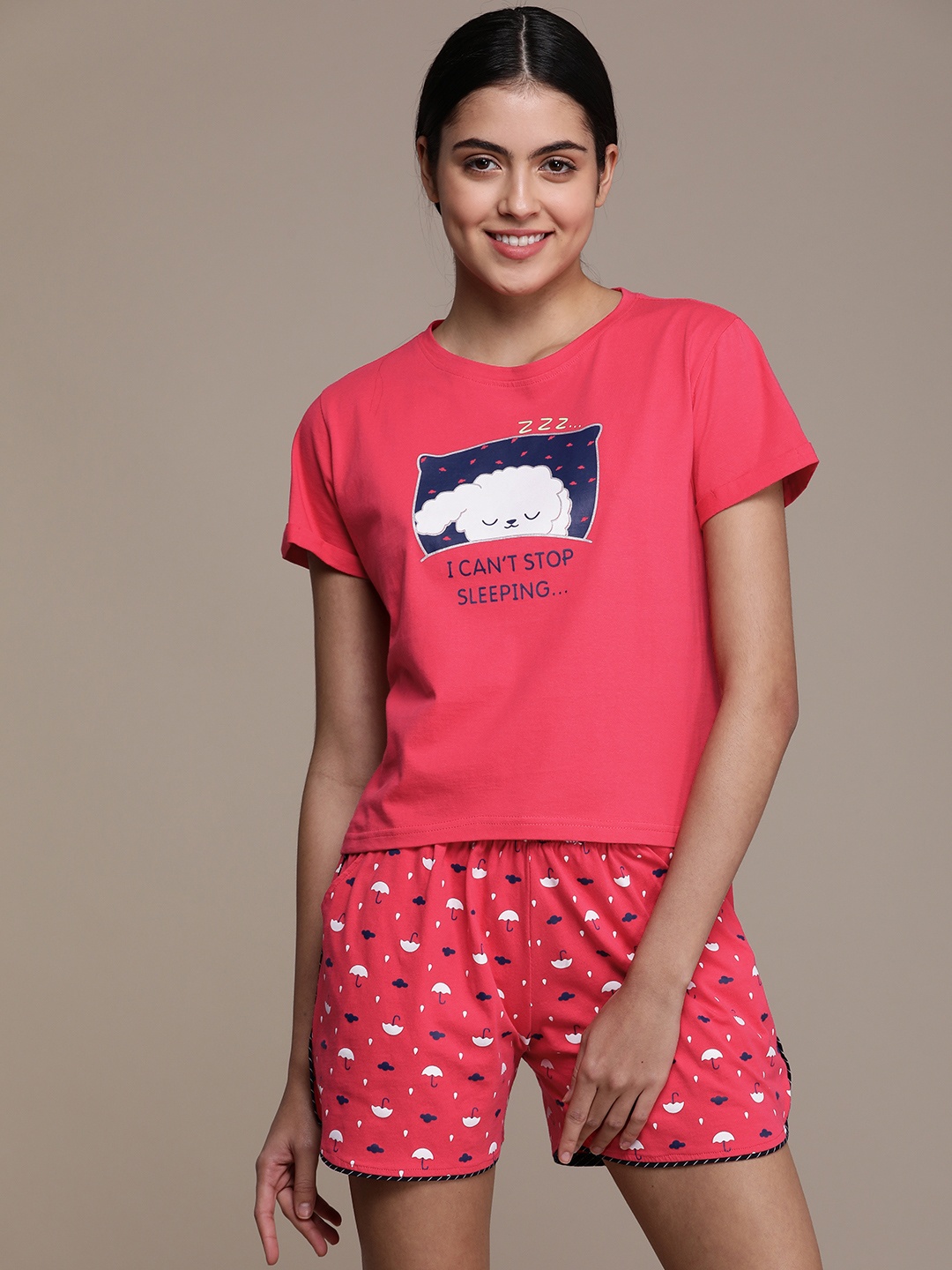 

beebelle Women Pink & Navy Blue Printed Night suit