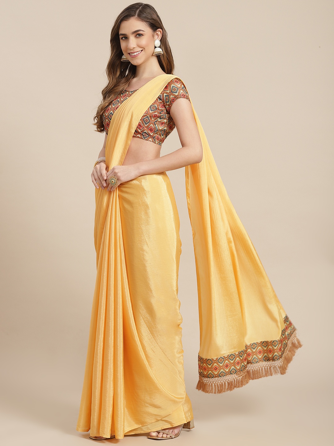 

SHANGRILA Yellow Woven Design Pure Chiffon Ready to Wear Saree