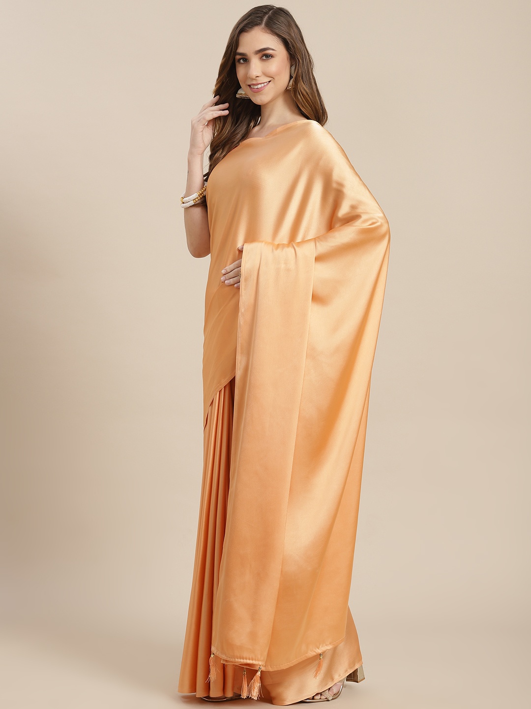 

SHANGRILA Peach-Coloured Woven Design Pure Chiffon Ready to Wear Saree
