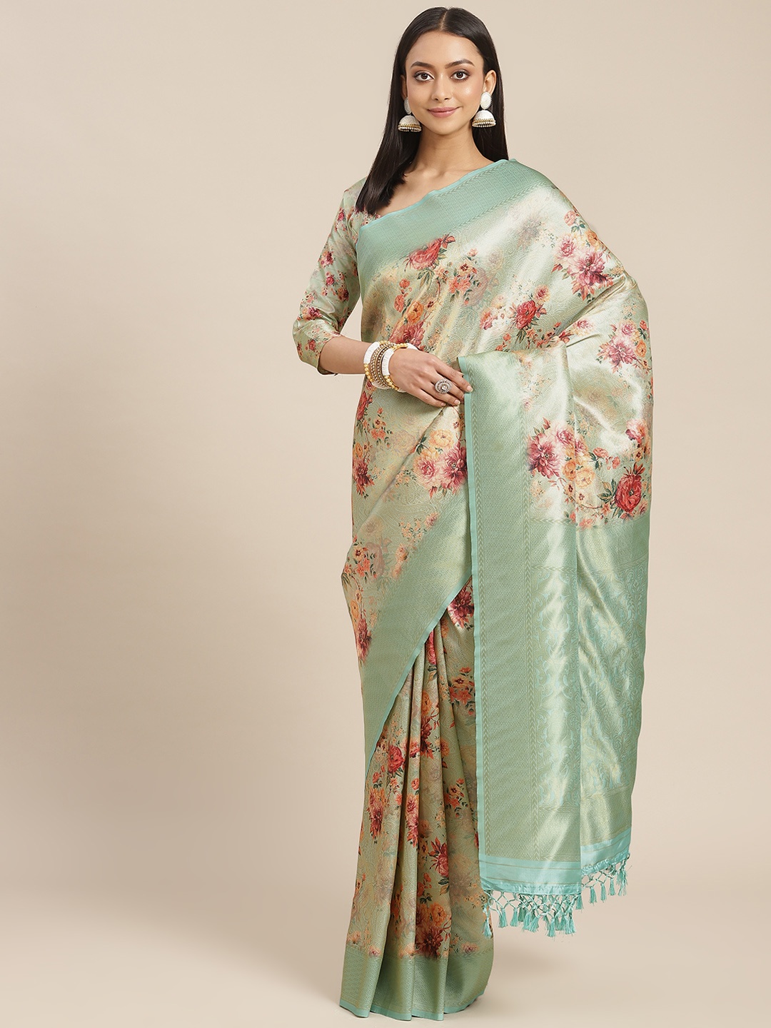 

SHANGRILA Sea Green & Peach-Coloured Floral Pure Silk Saree