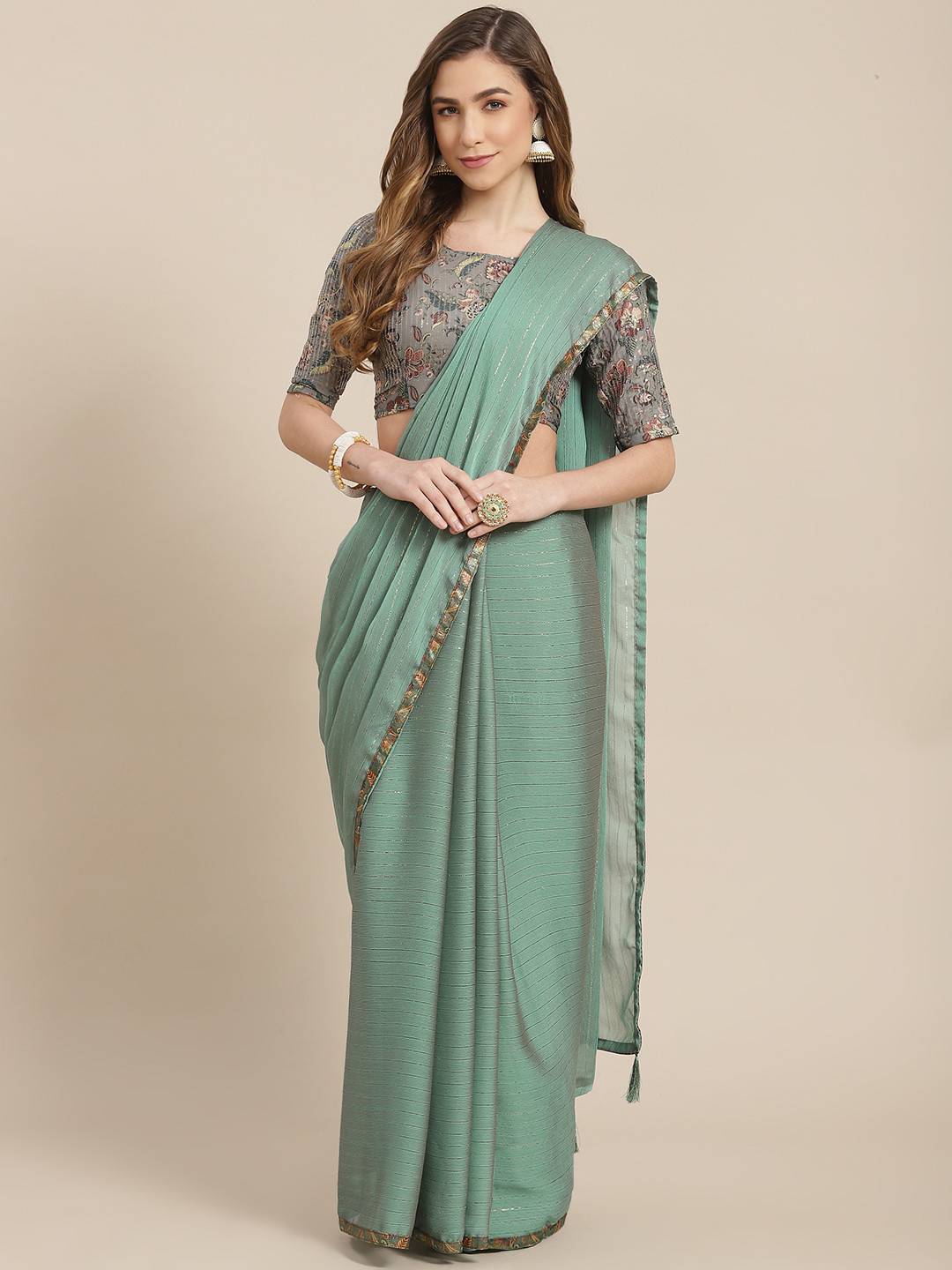 

SHANGRILA Green & Grey Striped Zari Pure Chiffon Ready to Wear Saree