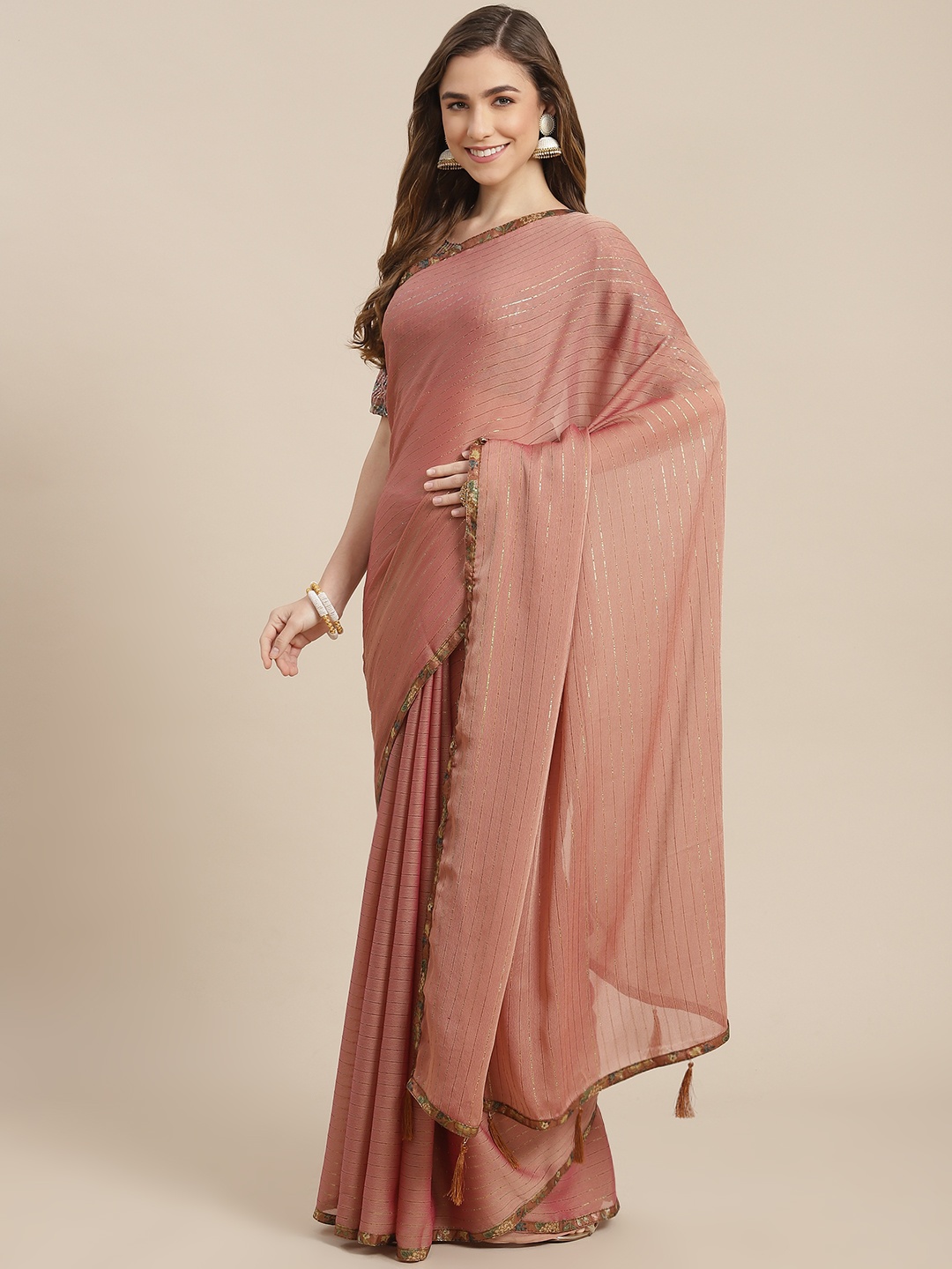 

SHANGRILA Brown Striped Pure Chiffon Ready to Wear Saree