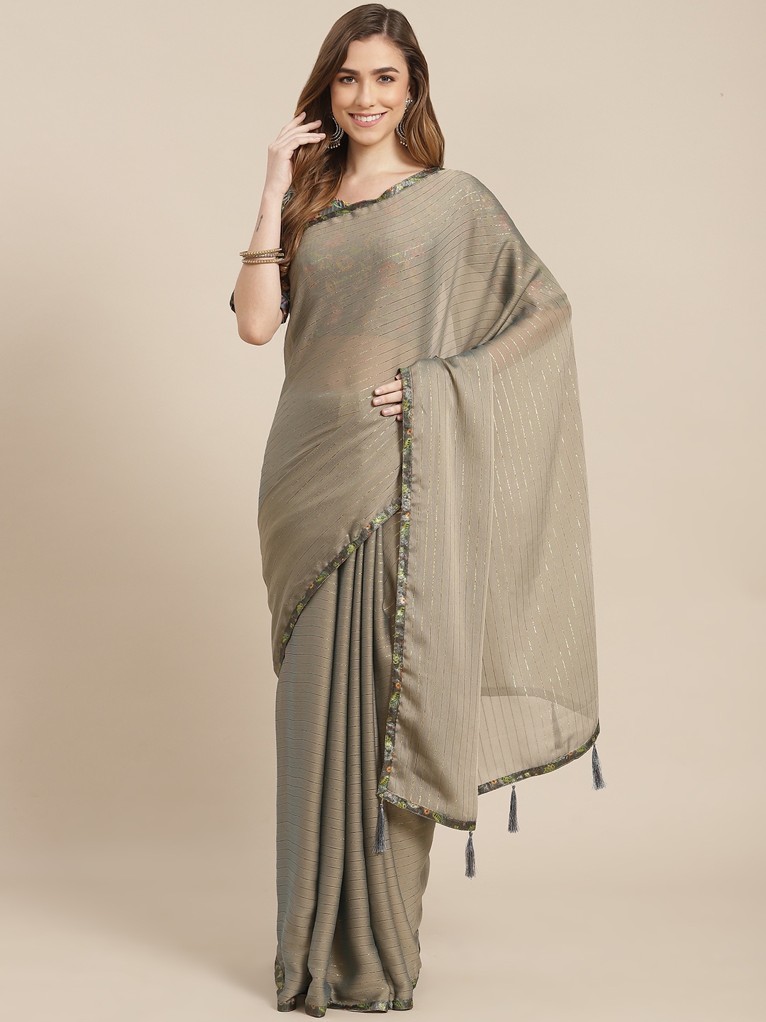 

SHANGRILA Gunmetal-Toned Striped Pure Chiffon Ready to Wear Saree, Metallic