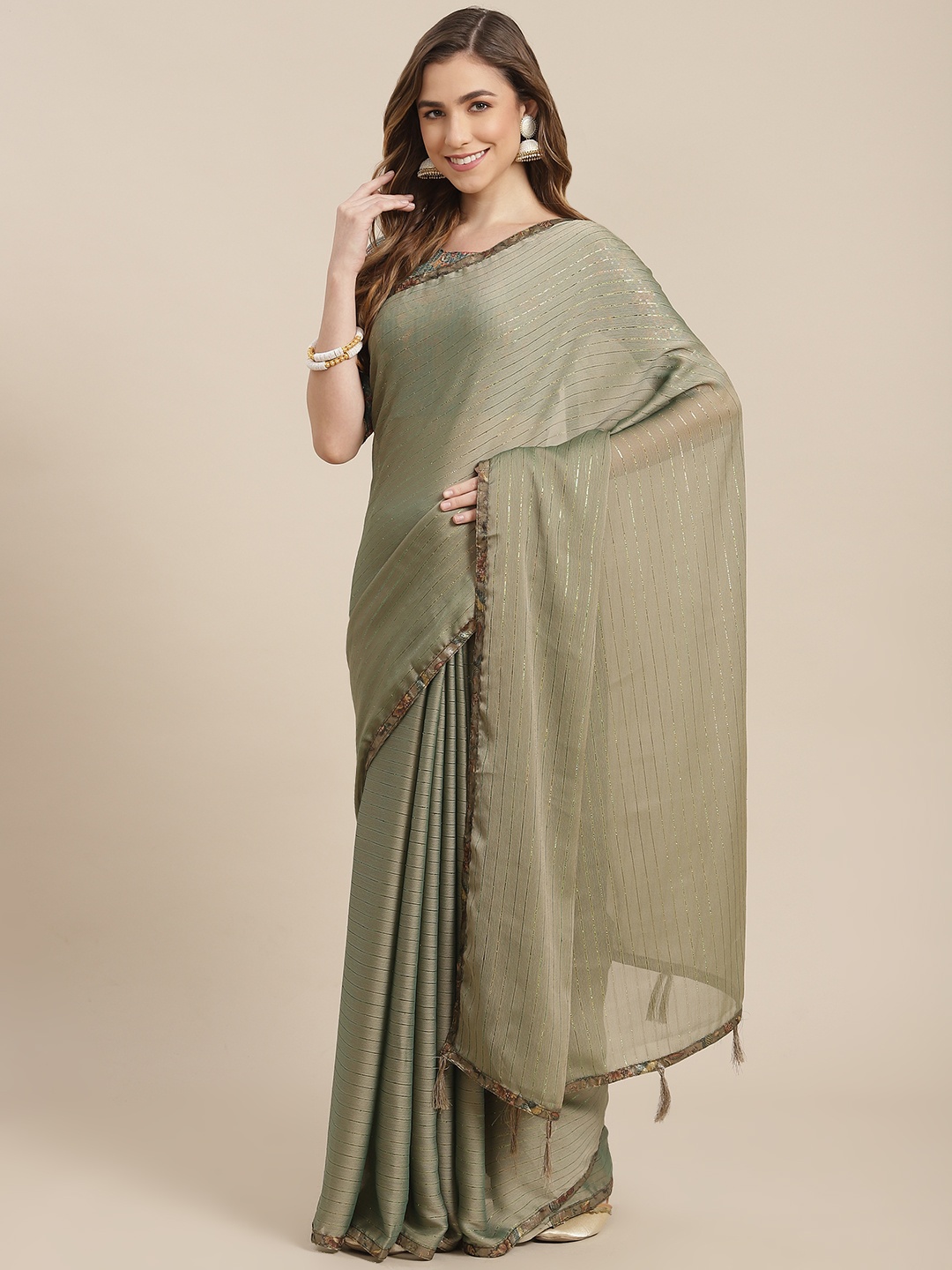 

SHANGRILA Green Striped Zari Pure Chiffon Ready to Wear Saree