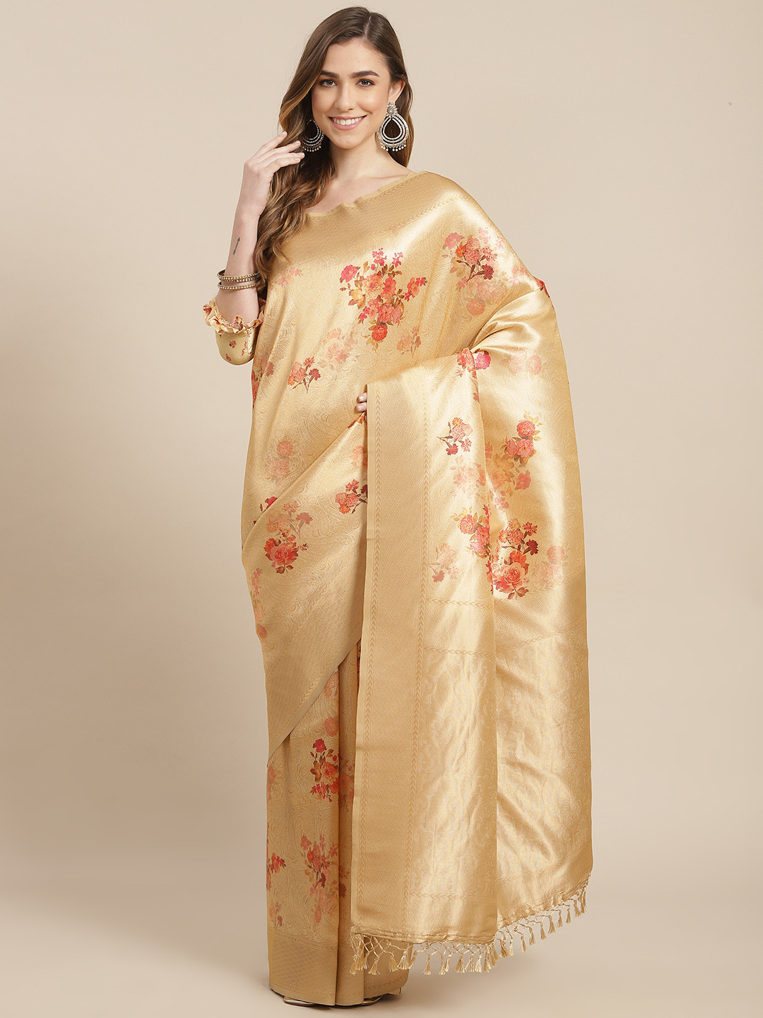 

SHANGRILA Gold-Toned & Red Floral Zari Pure Silk Banarasi Saree