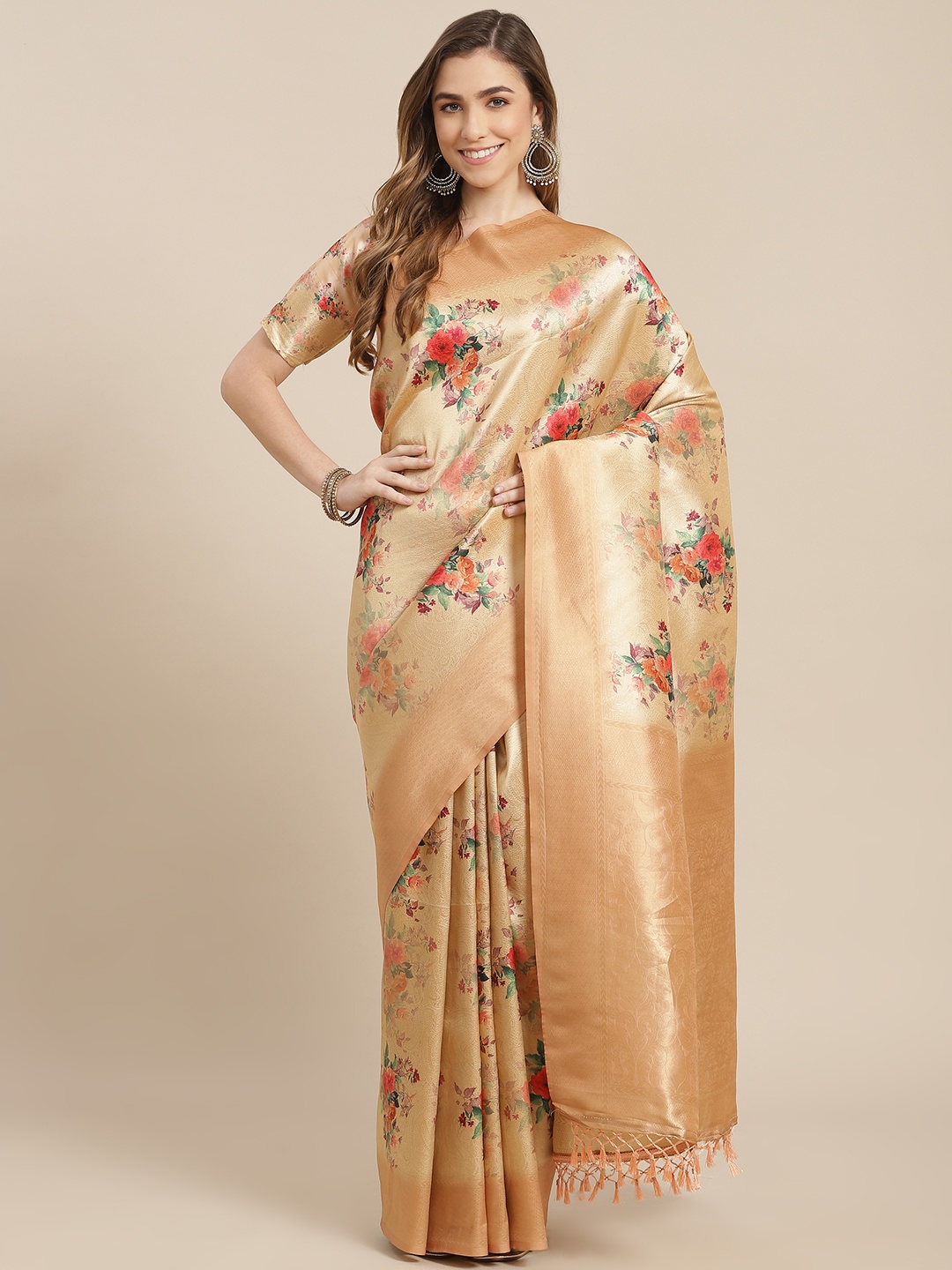 

SHANGRILA Gold-Toned & Red Woven Design Zari Pure Silk Ready to Wear Banarasi Saree