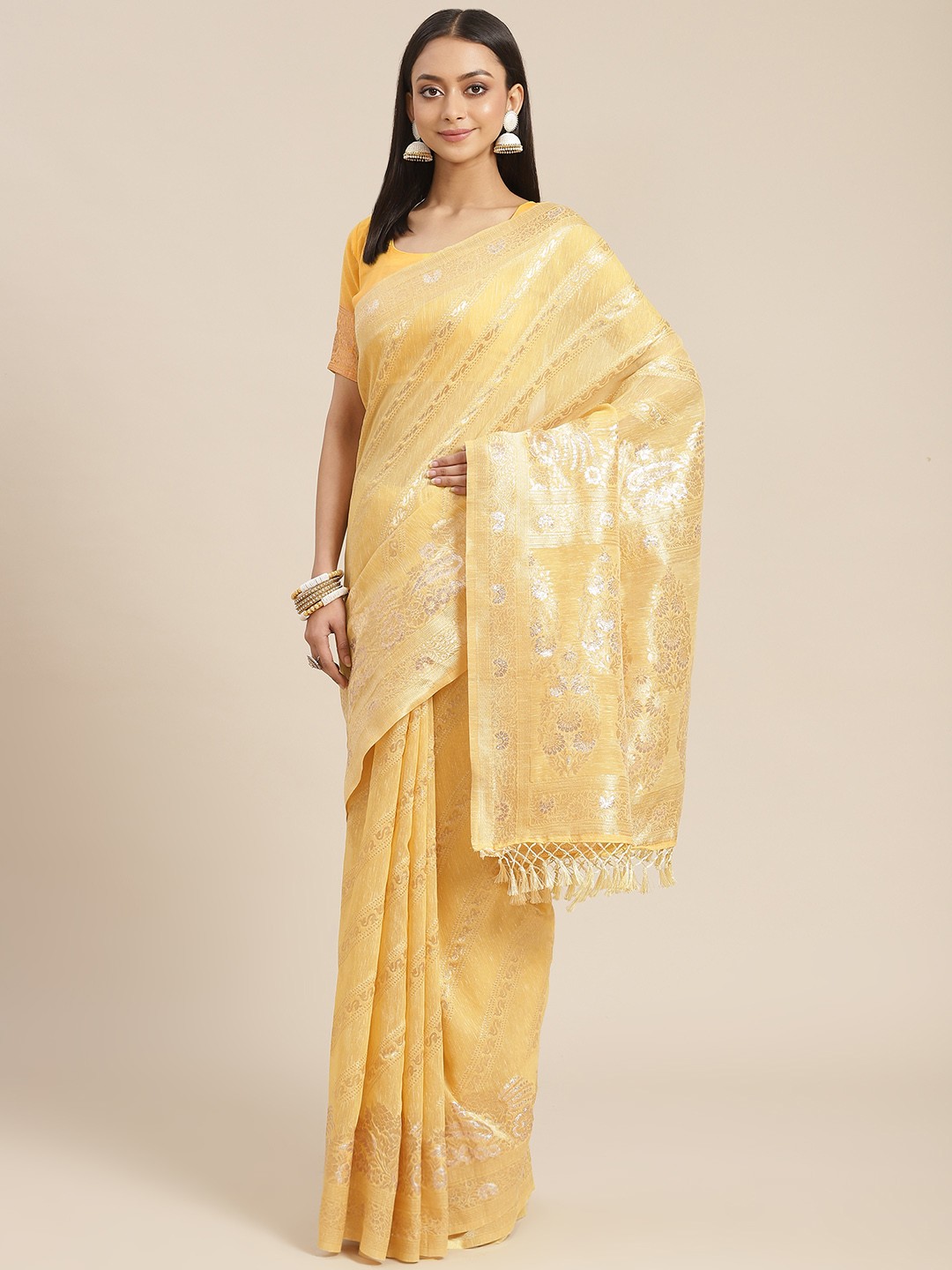 

SHANGRILA Yellow Ethnic Motifs Art Silk Saree