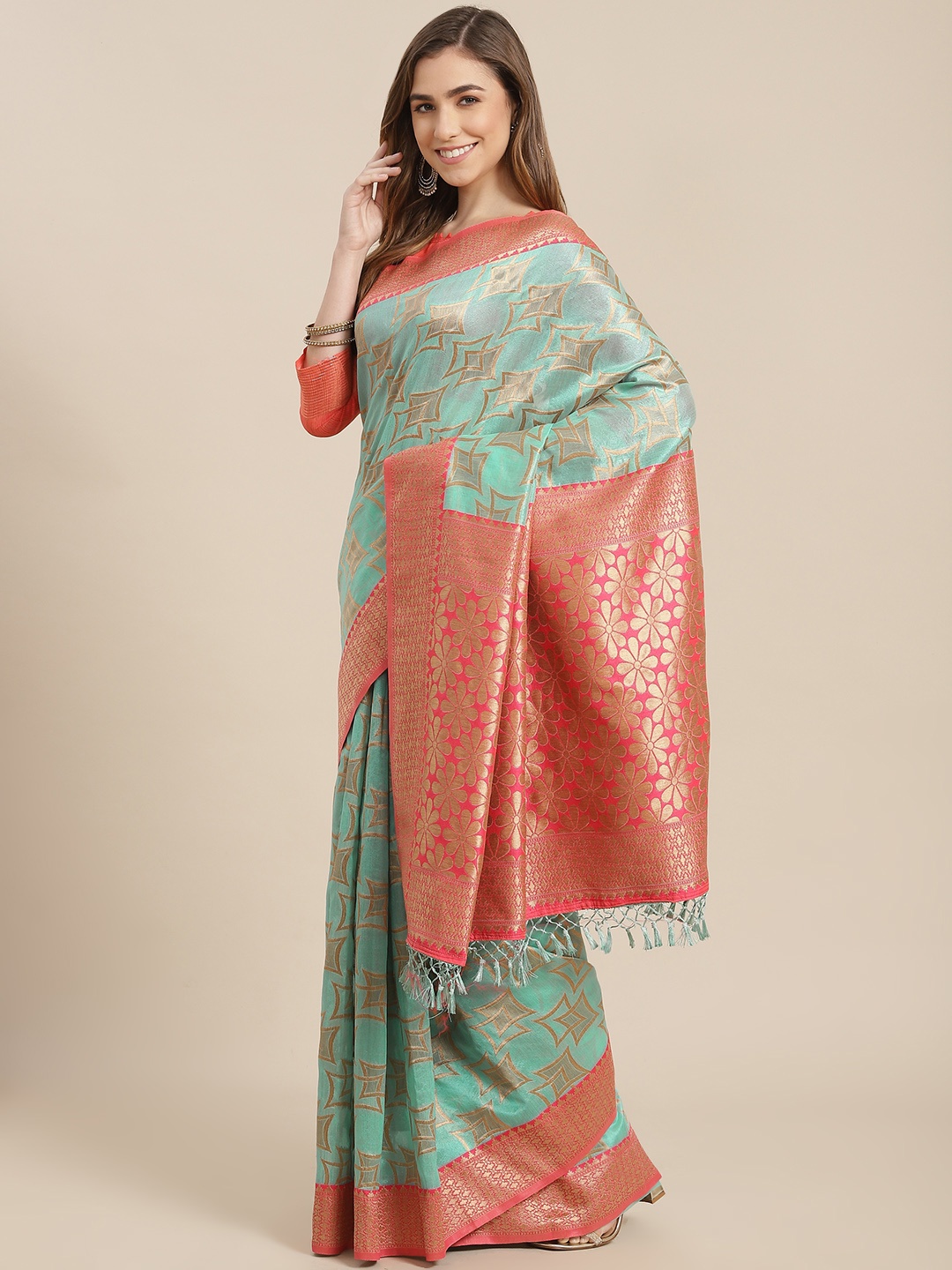 

SHANGRILA Blue & Red Zari Art Silk Ready to Wear Mysore Silk Saree