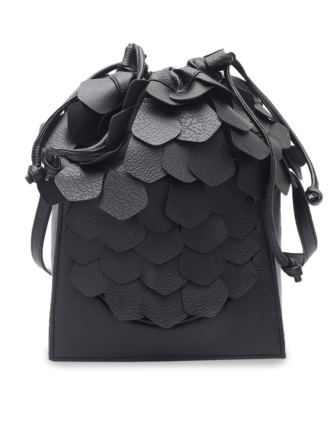 

Clotche Woman Black Textured PU Structured Sling Bag with Applique
