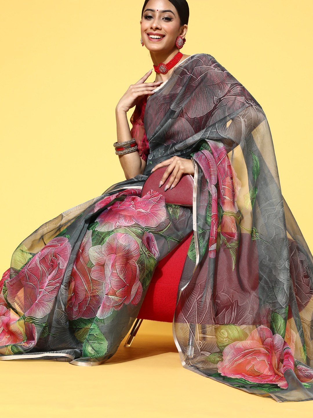 

Mitera Floral Saree With Solid Border, Grey