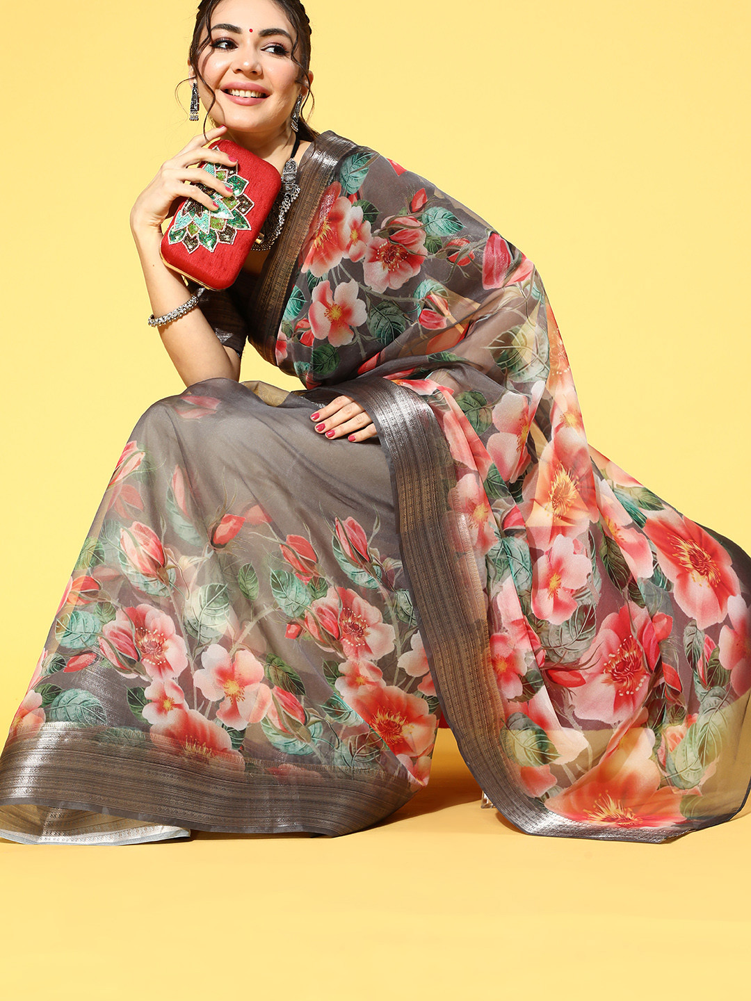 

Mitera Floral Saree With Solid Border, Brown
