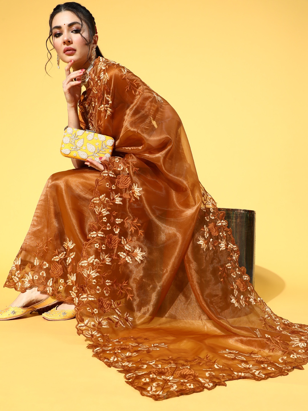 

Mitera Solid Saree, Brown