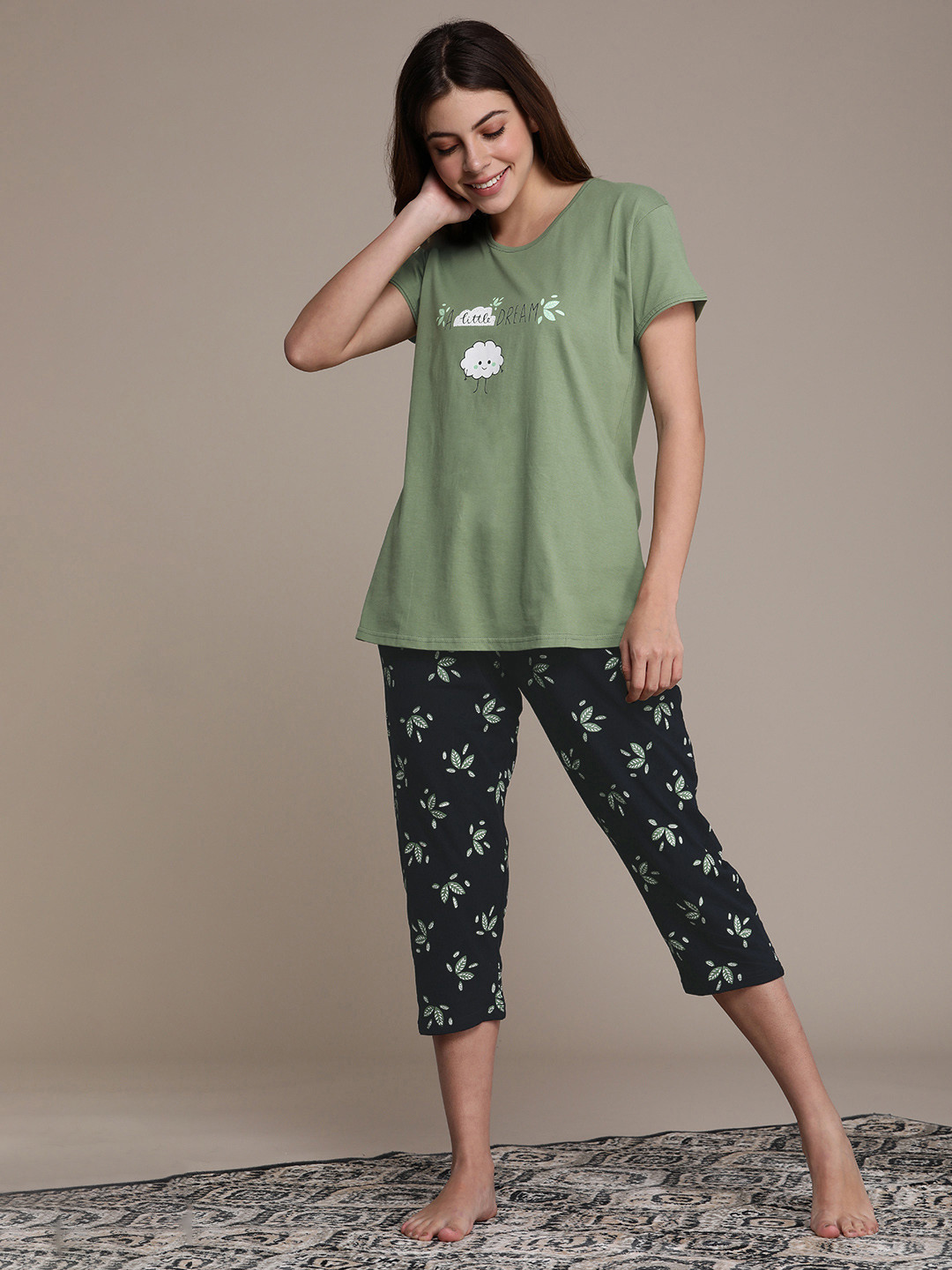 

beebelle Women Green & Navy Blue Printed Night suit