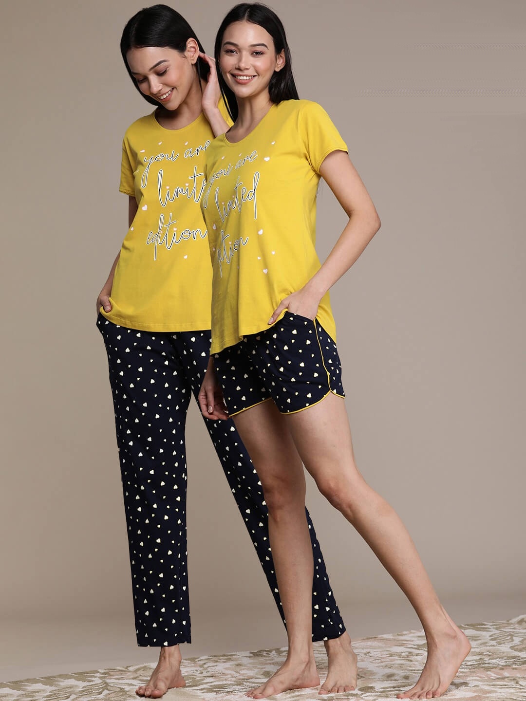 

beebelle Women Printed Pure Cotton T-Shirt with Pyjam & Shorts, Yellow