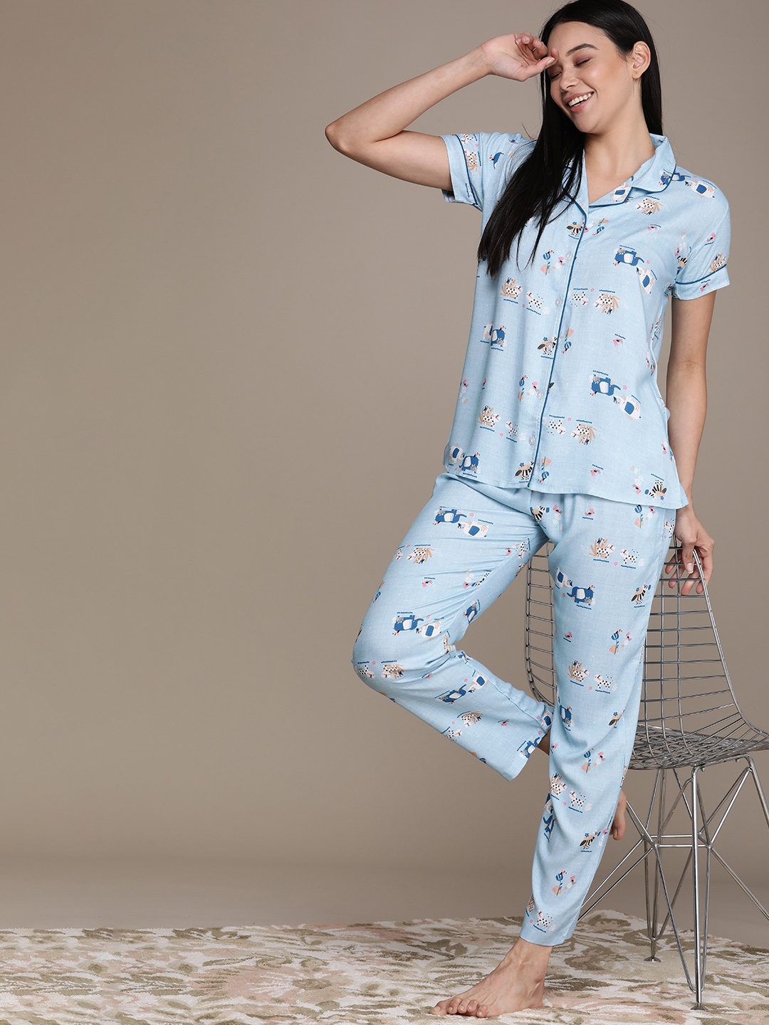 

beebelle Women Blue & Black Printed Night suit