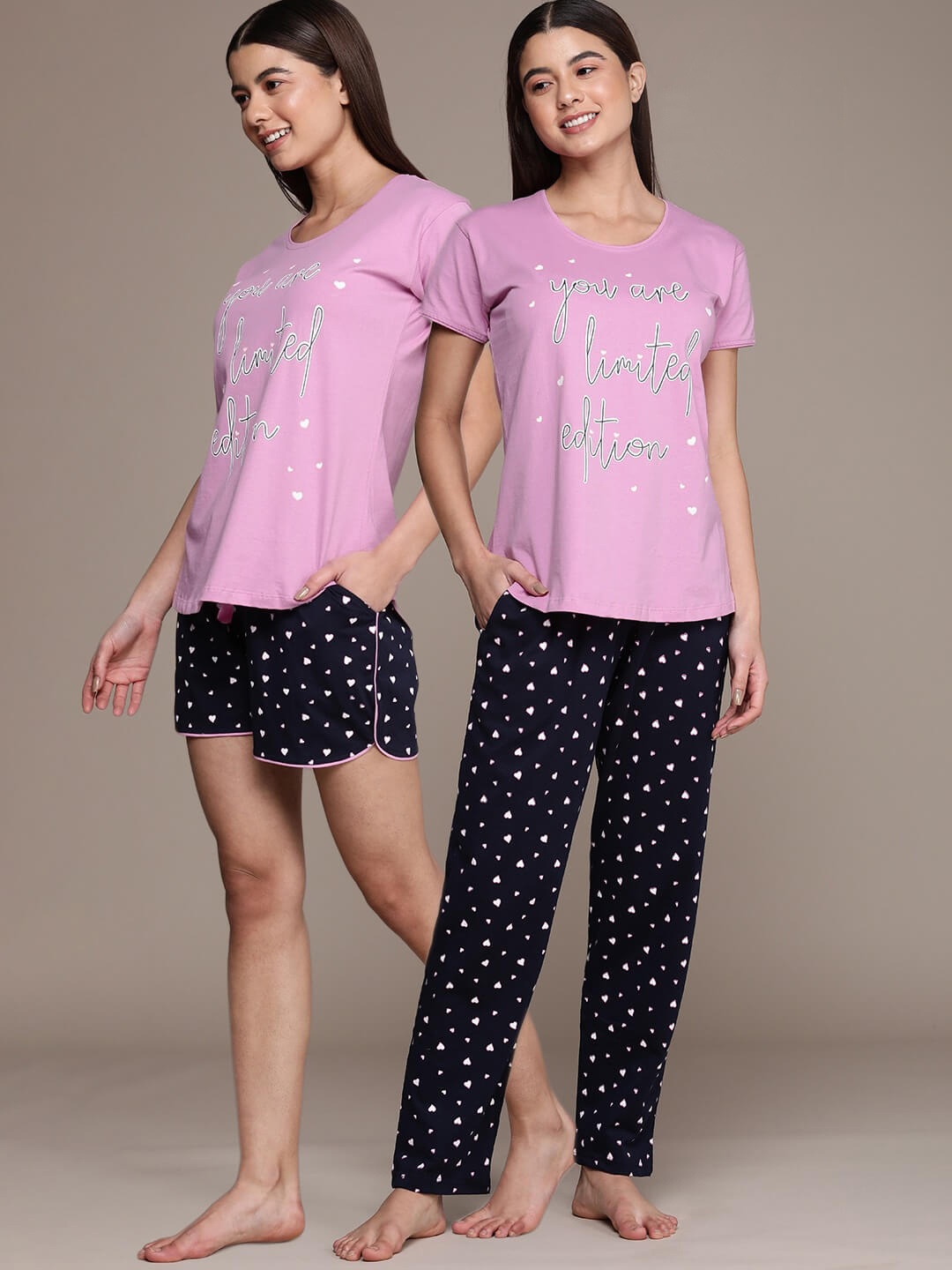 

beebelle Women Pink & Navy Blue Conversational Printed Pure Cotton 3 Piece Night suit