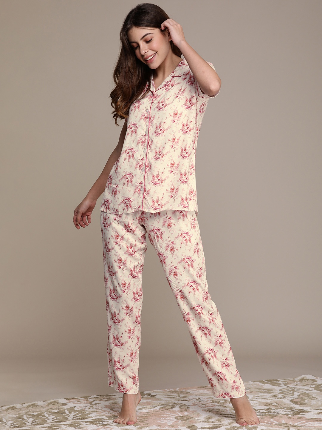 

beebelle Women Cream & Pink Printed Night suit