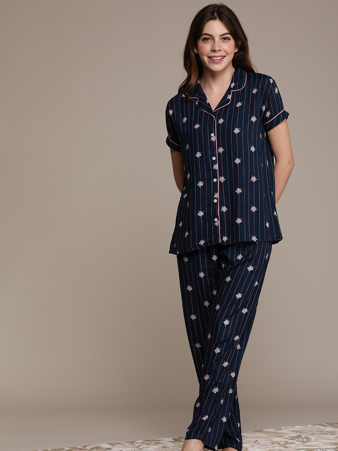 

beebelle Women Navy Blue & Pink Striped Night suit