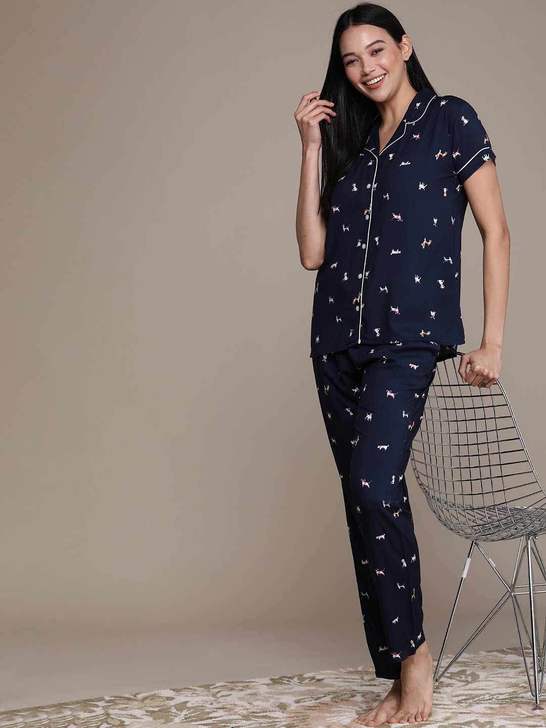

beebelle Women Navy Blue Printed Night suit
