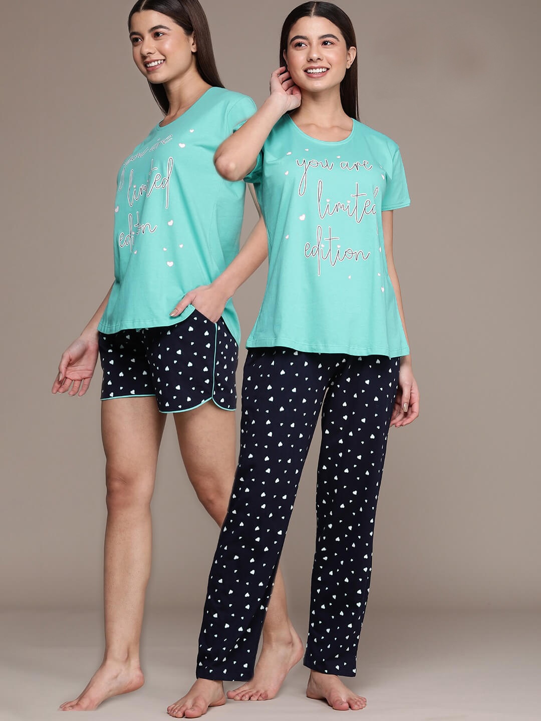 

beebelle Women Printed Pure Cotton T-Shirt with Pyjam & Shorts, Blue