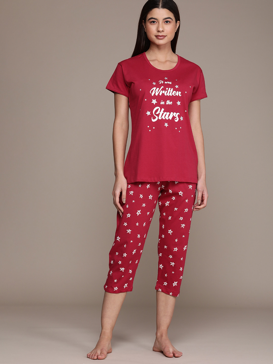 

beebelle Women Maroon & White Conversational Printed Pure Cotton Night suit