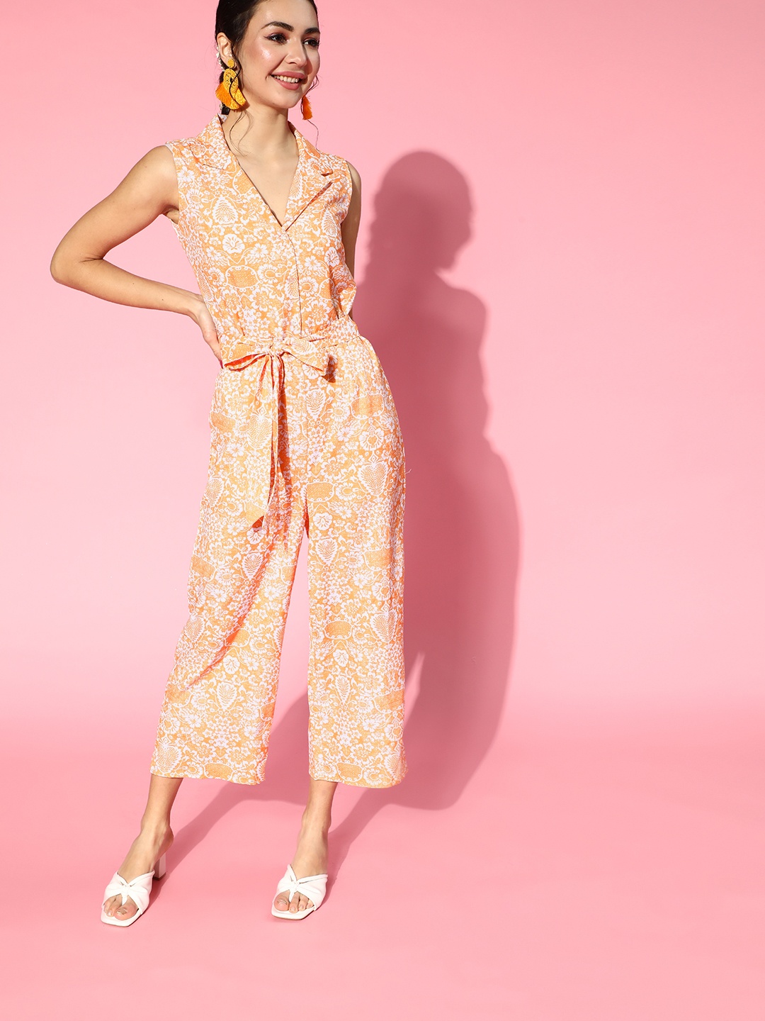 Sangria Women Deep Mustard Printed Cinched Waist Jumpsuit
