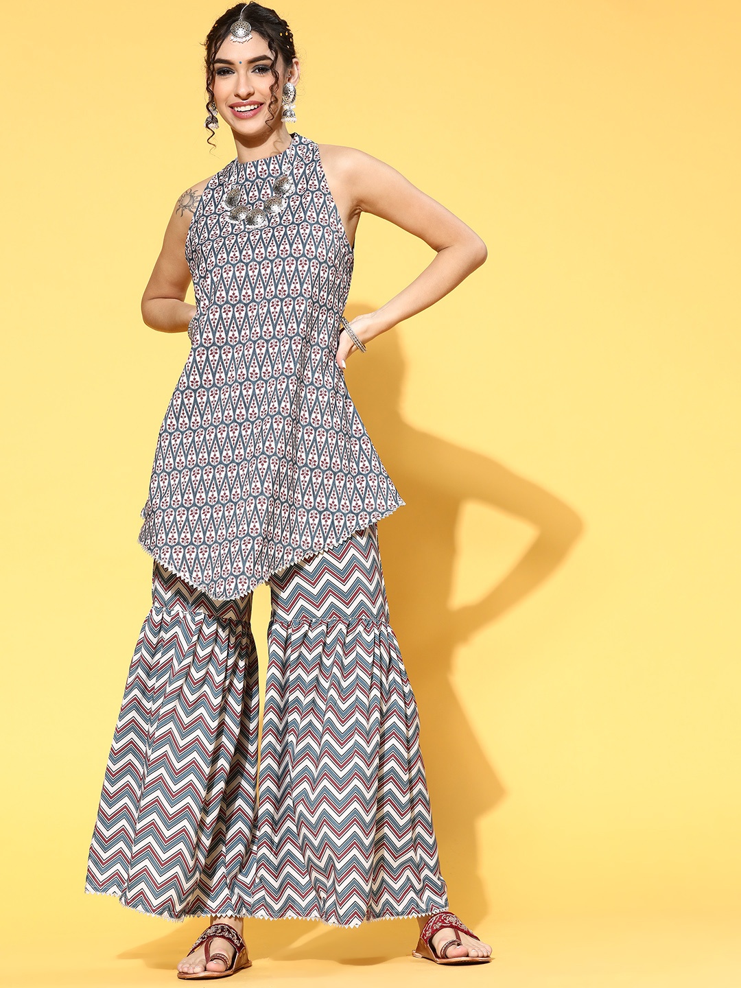 

ZIYAA Ethnic Motifs Poly-Crepe Short Kurti with Sharara, Blue