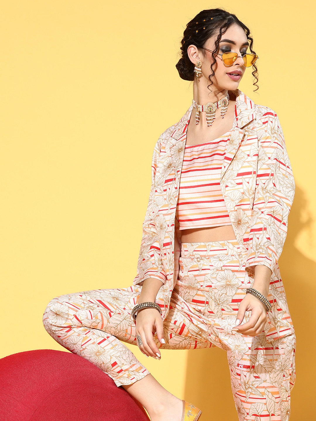 

ZIYAA Multi-coloured Art Silk Fusion Jacket Kurta Set