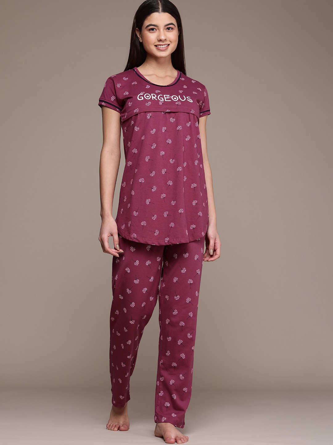 

beebelle Women Burgundy Floral Printed Maternity & Feeding Pure Cotton Night Suit