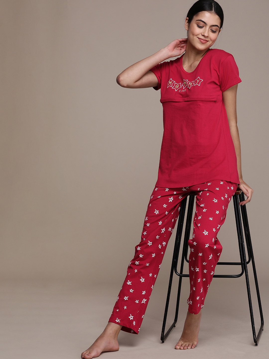 

beebelle Women Red Conversational Printed Feeding Pure Cotton Night suit