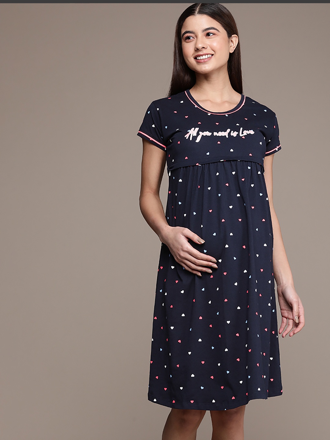 

beebelle Navy Blue Printed Maternity & Feeding Pure Cotton Nightdress
